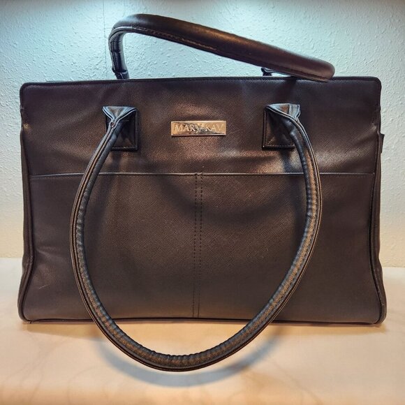 Mary Kay LG‎ Black Zipper Tote Double Handles Pockets Pink/Purple Floral Lining - Picture 1 of 11